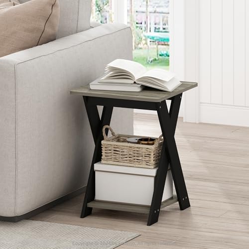 Furinno MODERN Side Table, X-Legs End Table with Open Shelf, Criss-Crossed Night Stand, Bedside Table, Easy Assembly, for Living Room, Bedroom, Grey Oak