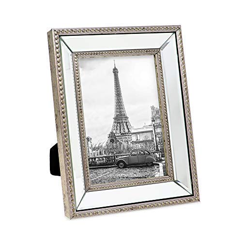 Isaac Jacobs 5x7 Champagne Mirror Bead Picture Frame - Classic Mirrored Frame with Dotted Border Made for Wall Display, Tabletop, Photo Gallery and Wall Art (5x7, Champagne)