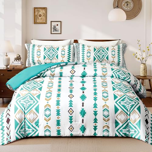 Tyrot Aztec Comforter Bedding Set with Pillow 2 Shams for All Season, Turquoise, King Size
