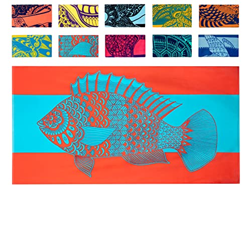 Nova Blue Tropical Fish Beach Towel (34 X 63) – Bright Red & Blue Packable Beach Towel Made from 100% Cotton – Vibrant Colorful Bath Towel – Turquoise Beach Blanket Towel