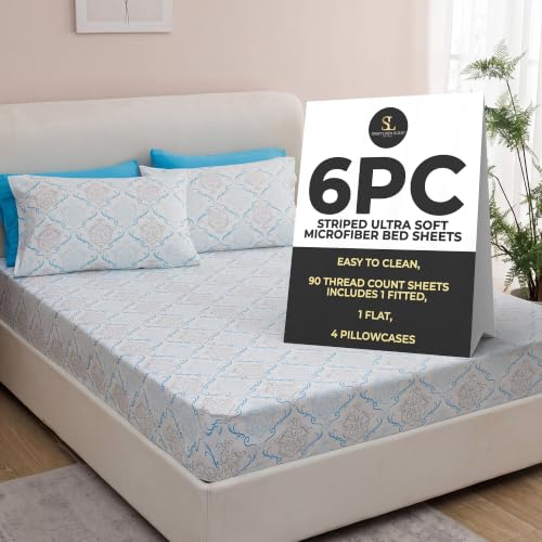 Spirit Linen Home 6-Piece Luxury Bed Sheet Set - Queen, Turquoise Medallion - Deep Pocket Soft and Breathable Microfiber Material Bed Sheets with 1 Fitted Sheet, 1 Flat Sheet, and 4 Pillowcases included