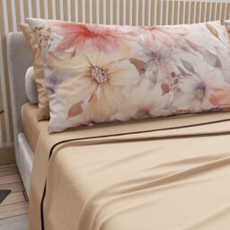 PETTI Artigiani Italiani - Cotton Sheets with Pillowcases in Digital Print, Double Bed Sheet, Floral Pattern 1 Beige, 100% Made in Italy
