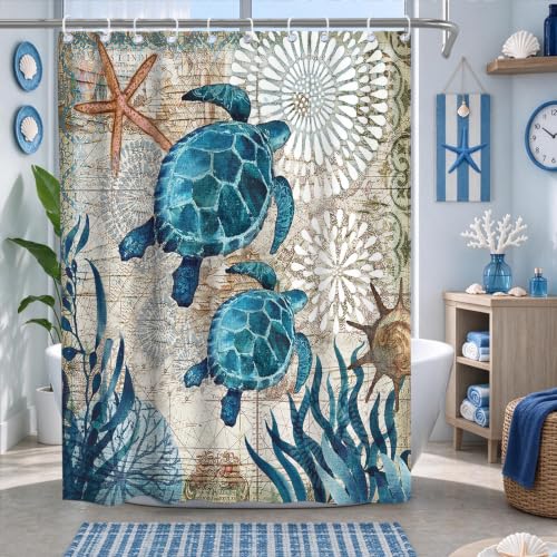 Final Friday ZASTION Nautical Green Sea Turtles Beach Theme Fabric Shower Curtain Sets Bathroom Blue Ocean Decor with Hooks Waterproof Washable Teal (60W x 70H)