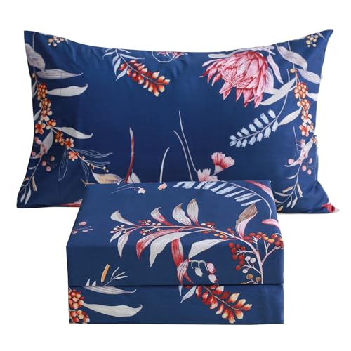 JSD Navy Floral Single Bed Sheet Set Twin Size, 3 Piece Printed Microfiber Sheets Extra Deep Pocket Wrinkle Free