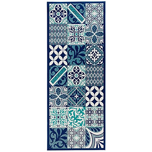 Zala Living Soho Runner - Kitchen Runner Non-Slip Rug Runner Flat Weave Short Pile Rug Kitchen Rug Washable for Hallway, Kitchen, Living Room, Bathroom, Blue Cream, 80 x 200 cm