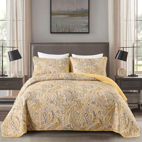 DJY Yellow Paisley Quilt Set Queen Size Boho Quilt Bedspread Set 3 Pieces, Soft Lightweight Paisley Floral Pattern Coverlet Bedding Set for All Season, 96''x90''