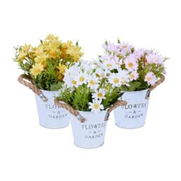 Relaxdays Set of 3 Chrysanthemums Bouquet, Artificial Flowers in a Pot, Decorative, HxØ: 20 x 15 cm, Yellow/White/Pink, Polyester