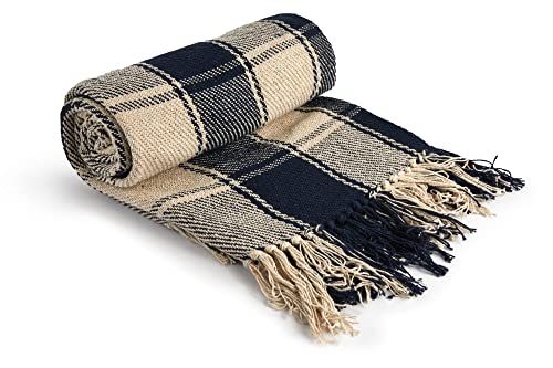 Emma Barclay Frisco - Recycled Cotton Traditional Check Chair Sofa Setee Throw Over Blanket in Navy Blue - 50x60 (127x152cm)