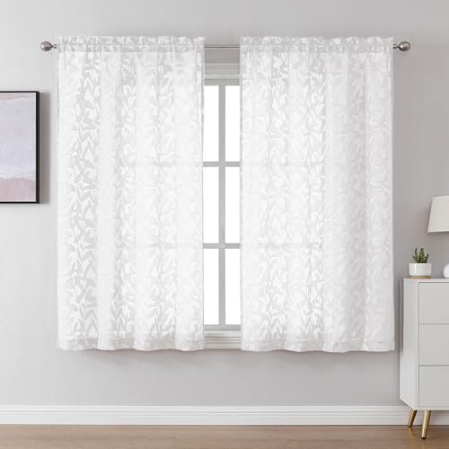 "Lecloud Leia White Sheer Curtains 54 Inch Length 2 Panels, Voile Light Filtering Privacy Jacquard Textured Curtains, Dual Rod Pockets Drapes with Leaves for Living Room Bedroom, Each 42"" W x 54"" L"
