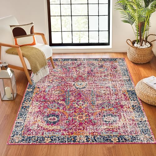 Livabliss Zelfana Vintage Rug - Area Rugs Living Room 120x170 cm, Dining Floor, Kitchen, Traditional Multicoloured Boho Style, Easy Care Pile, Bohemian Large Rug, Burgundy, Navy, Orange