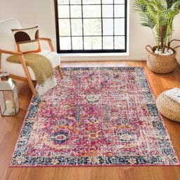 Livabliss Kush Vintage Rug 120x170cm – Boho Traditional Carpet - Easy Care Multicolour Pile - Living Room, Dining & Kitchen – Burgundy, Navy & Orange