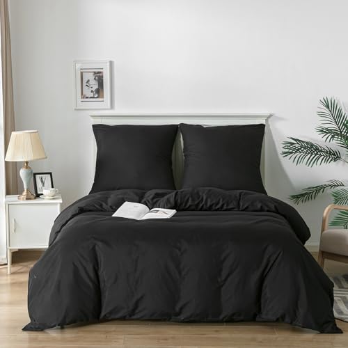 Good Nite Bed Linen 200 x 200 cm 3-Piece Black Bed Linen Sets Microfibre Duvet Cover 200 x 200 cm + 1 Pillowcase 80 x 80 cm Breathable Soft