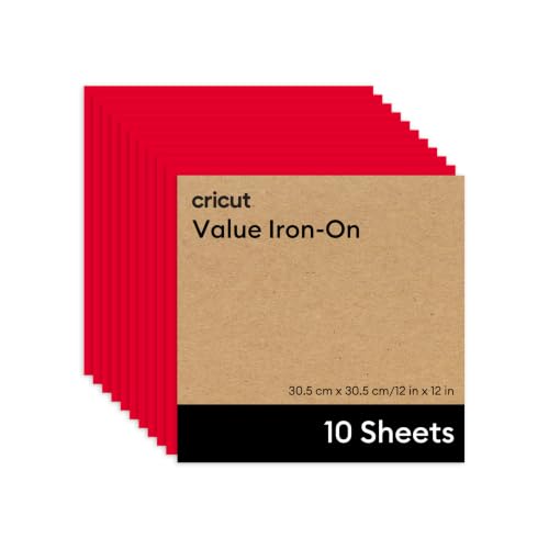 Cricut HTV Heat Transfer Vinyl Sheets - Pack of 10 - 30.5 cm ?? 30.5 cm - Red - Iron-On HTV Vinyl Sheets for Fabric, Perfect for Custom T-Shirts & DIY Clothing