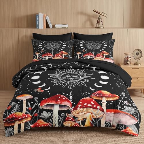 WeCozy 7 Pcs Full Size Comforter Set with 2 Pillowcases & 2 Shams, Sun Moon Boho Mushroom Bedding Set for Kids and Adults, Astrology Tarot Witch Bed in a Bag with Flat Sheet and Fitted Sheet