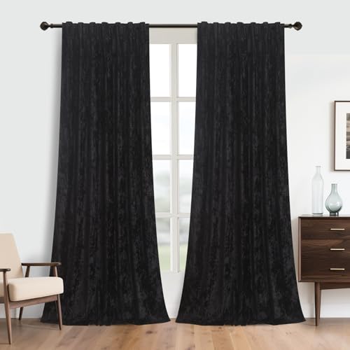 gisewood Black Velvet Curtains 84 inches Long 2 Panels, Blackout Plush Window Curtains Noise Reducing Bedroom Drapes Energy Saving Elegant Home Decoration for Kitchen Living Room, W52 x L84 inches