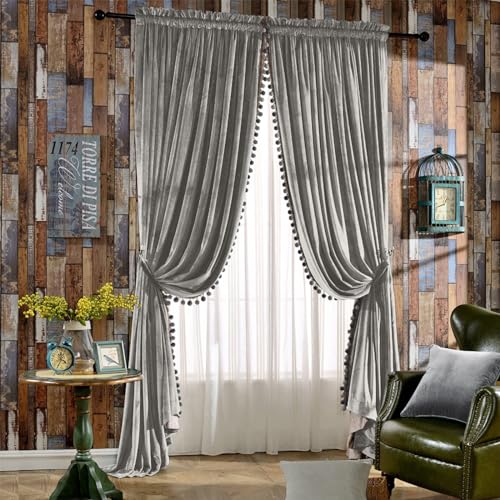 Melodieux Pom Poms Velvet Curtains, Extra Wide for Patio Doors, Vintage Luxury, Bedroom, Living Room, Thermal Insulated Window Curtains, 254 x 213 cm (W x L), Grey (2 Panels)