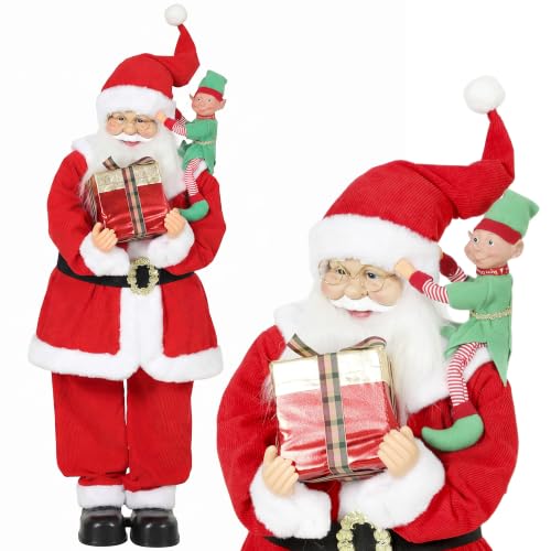 HOMCOM 4ft Life Size Singing Dancing Santa Claus Musical with Elf 120 cm - Standing Animated Santa, Gift Box, Handcrafted, Sound Touch Activated, Moving Christmas Figure Decoration