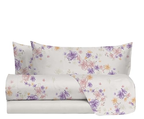 hermet Double Bed Sheet Set in 100% Cotton Pattern, Double Bed Set, Top Sheet + Fitted Sheet + 2 Pillowcases, Geneva Ivory