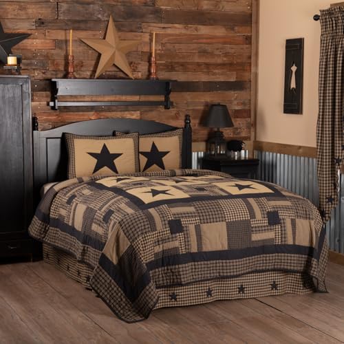 VHC Brands Primitive Bedding Black Check Cotton Pre-Washed Appliqued Star Sham King Quilt Set, Raven