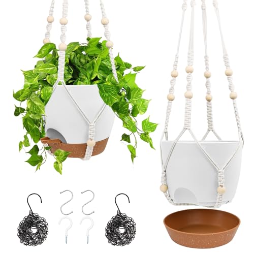 Vanslogreen Hanging Planters for Indoor Outdoor Plants, 2 Pack Self Watering Hanging Pots, Hanging Plant Baskets with Drainage Holes & 2 Types of Plant Hangers (White, 6'')