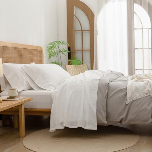 BESTOUCH King Washed Cotton Linen Feel Sheet Set, 4 Pcs Solid Off White - 4 Piece Sheets, Deep Pockets with All???Around Elastic, Linen-Like Texture, Extra Soft & Breathable, No???Iron