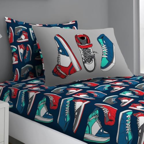 Kids Single Fitted Sheet Set - Sneaker Bedding For Childrens & Toodlers - Soft & Comfortable High-tops Bed Sheets For Kids Room - Easy Care Sheet Set ( 1 Fitted Sheet + 1 Pillowcase )