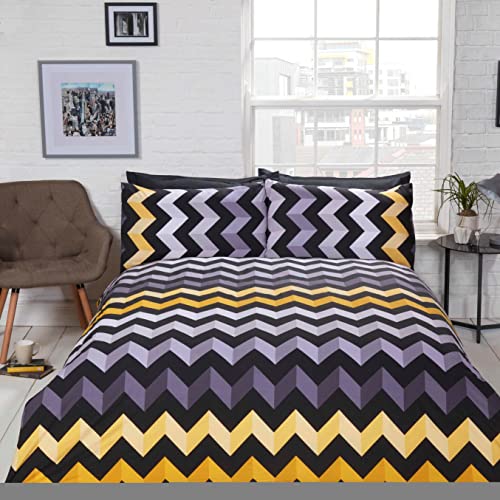 Rapport Three D Effect Reversible Stripe Zig Zag Duvet Cover Bedding Set Ochre Yellow Black Grey (Double), THREED-DOUB-OCHR