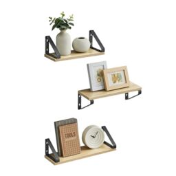 VASAGLE Wall Shelves, Floating Shelves Wall Mounted, Set of 3, 2 Mounting Ways, 30/35/40 cm, for Living Room, Bathroom, Kitchen, Golden Oak and Matte Black LWS033B11