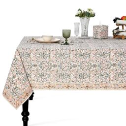 Ridhi Sassy Salmon and Emerald Green Hand Block Print Cotton Cloth Dinning Table Cover Wedding Farmhouse Thanksgiving Christmas Spring Fall Tablecloth 8 Seater 70X108 Inch Rectangle