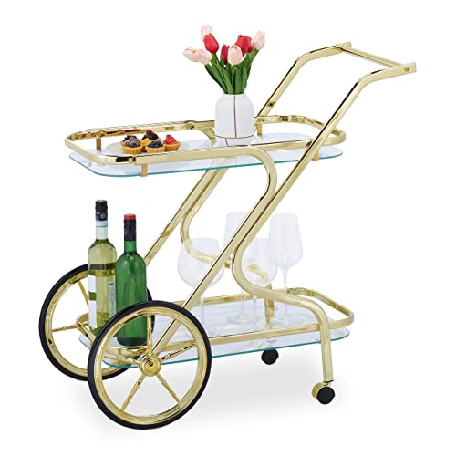 Relaxdays Serving Trolley, 4 Castors, 2 Shelves, HxWxD: 80 x 43 x 85 cm, Cart for Drinks and Snacks, Glass & Iron, White