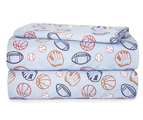 Heritage Kids 4 Piece Sheet Set, Including Top Sheet, Fitted Sheet and 2 Pillow Cases, Sports Print, Full, Blue, (K687912)