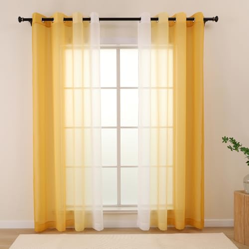 L.Z.E Gold Ombre Sheer Curtains 96 Inches Long for Living Room, Gold and White Curtains for Kids Bedroom Dining Room, Transparent Lightweight Gradient Window Drapes Grommet Top 2 Panels Set