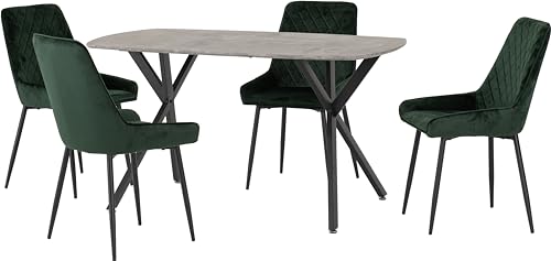 Seconique Athens Dining Table Set with 4 Avery Dining Chairs in Concrete/Emerald Green Velvet