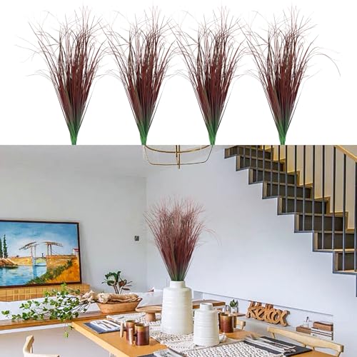 LUZOGA 12Pcs Artificial Grass Plants, Faux Shrubs Wheat Grass, Artificial Tall Grasses Fake Plants for Outdoor Decor,Artificial Greenery Stems Weed for Room Indoor Home Decor???Red???