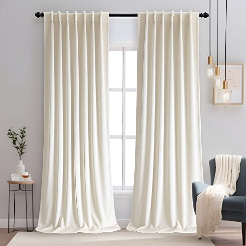 "Aljctns Ivory Velvet Curtains 96 inches Long for Luxury Living Room 50% Blackout Curtains for Bedroom,Thermal Insulated Super Soft Window Drapes Rod Pocket & Back Tab,52"" W x 96"" L, 2 Panels Set"