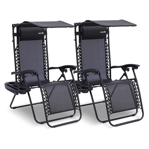 SereneLife Zero Gravity Lounge Chair, Adjustable Steel Mesh Recliners, with Canopy, Removable Pillows and Cup Holder Side Tables, Set of 2, Black