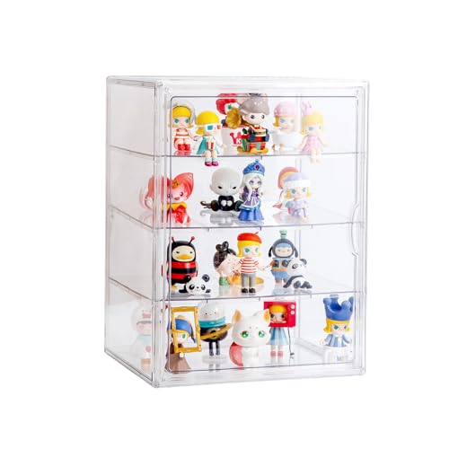 BOHOIDEE 4 Tiers Clear Acrylic Display Case for Closet, Purse Storage Organizers Box, Plastic Storage Bins with 3 Adjustable Divider and Magnetic Door, Dustproof Showcase for Collectibles