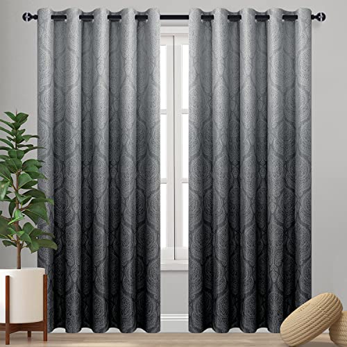 DWCN Ombre Blackout Curtains for Bedroom - Damask Patterned Thermal Insulated Energy Saving Grommet Curtains for Living Room, Set of 2 Gradient Window Curtain Panels, 60 x 84 Inch Length, Black