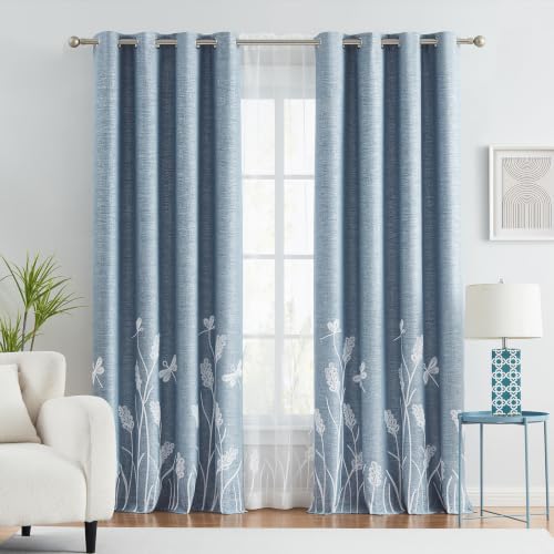 "Melodieux Wheat Embroidery Linen Textured Curtains for Living Room Bedroom, Farmhouse Floral Patterned Room Darkening Vintage Grommet Window Drapes, White Wheat/Blue, 52"" W x 96"" L, 2 Panels"