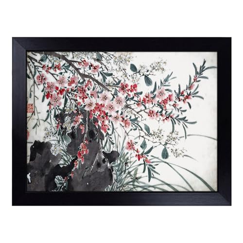 Lap Tray with Bean Bag Cushion, Garden Flowers By Chen Daofu - Handmade in the UK, Raised Wooden Edge, Padded Cushion, Heat-Resistant Wipe-Clean Surface, for Meals, Laptops and Crafts