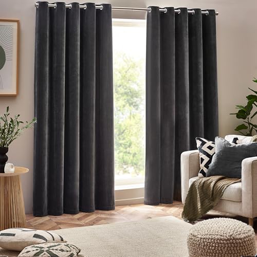 Yard Heavy Chenille Eyelet Curtain Pair – Lined Room Darkening, Soft Velvet Home Décor (Charcoal - Width 168 x Drop 137cm)