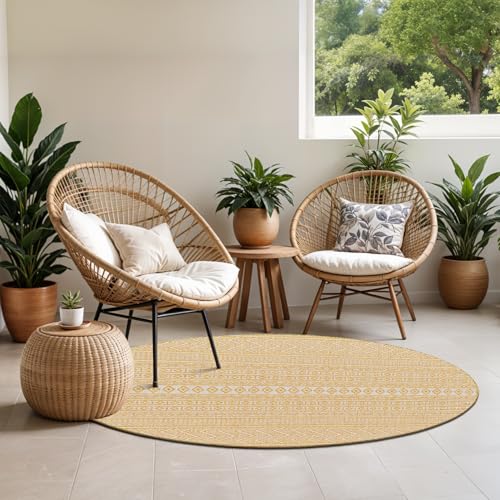 Livabliss Mimi Motril Geometric Indoor Outdoor Round Carpet 160 cm, Boho Pattern for Patio, Deck & Garden, UV Resistant Weather & Stain Durable, Mustard Ivory