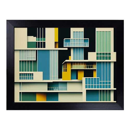 Lap Tray with Bean Bag Cushion, Modern Bauhaus Architecture Abstract - Handmade in the UK, Raised Wooden Edge, Padded Cushion, Heat-Resistant Wipe-Clean Surface, for Meals, Laptops and Crafts