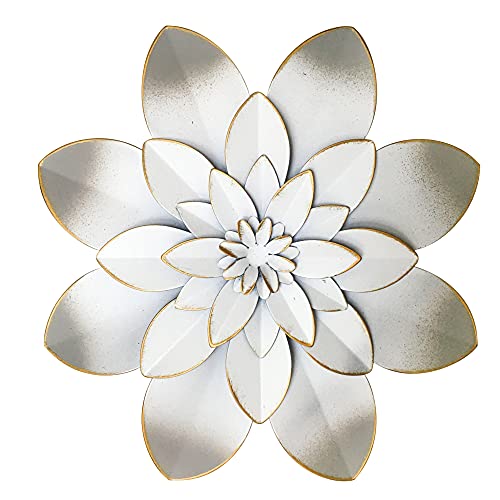 Picfarce White Metal Flower Wall Art Decor, 9.5“ Rustic Modern Floral Sculpture, Distressed Hanging Home Decoration Accent Artworks for Indoor Bedroom Living Room Office Outdoor Garden Patio