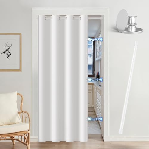 Vatge Magnetic Doorway Curtains with Rod, W52 x L78, 1 Panel, Grayish White - Light Filtering Door Curtain for TV Room, Easy to Access