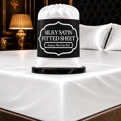 DECOLURE Satin Fitted Sheet Twin Size (1 PC) ??? Luxuriously Smooth & Softer Than Silk Bed Sheets w/ 15 Inch Deep Pocket Hypoallergenic Wrinkle Free, Secure Snug Fit, Elastic Corner Straps (White)