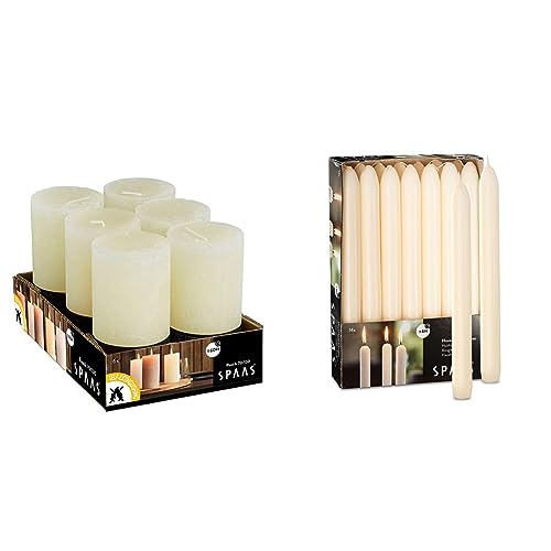 Spaas 6 Rustic Unscented Rustic Pillar Candles 70/130 mm, 60 Hours, Ivory & 14 Tapered Dinner Candles 21/220 mm, ± 8 Hours, Unscented, Ivory