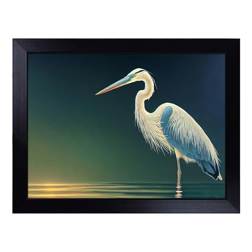 Lap Tray with Bean Bag Cushion, Attractive Heron Bird - Handmade in the UK, Raised Wooden Edge, Padded Cushion, Heat-Resistant Wipe-Clean Surface, for Meals, Laptops and Crafts