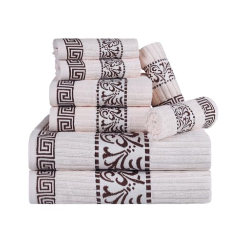 Superior 8 Piece Cotton Towels, Highly-Absorbent Plush Decorative Bohemian, Greek Key Trim Jacquard Dobby Border, Face Towels 13” x 13”, Hand Towels 16” x 30”, Bath Towels 30” x 52”, Ivory-Chocolate
