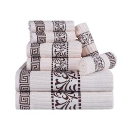 Superior 8 Piece Cotton Towels, Highly-Absorbent Plush Decorative Bohemian, Greek Key Trim Jacquard Dobby Border, Face Towels 13” x 13”, Hand Towels 16” x 30”, Bath Towels 30” x 52”, Ivory-Chocolate